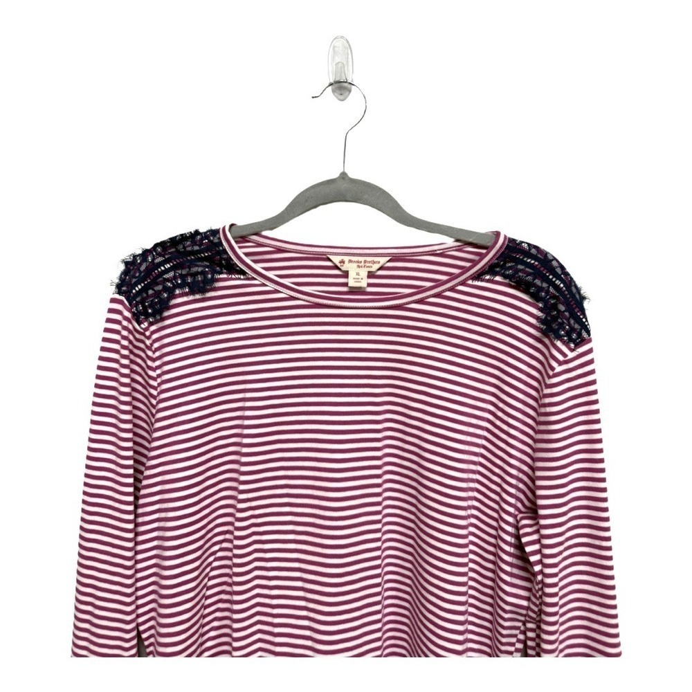 Brooks Brothers Pink White Striped Long Sleeve Blue Lace Trim Size XL Cotton - Picture 2 of 6